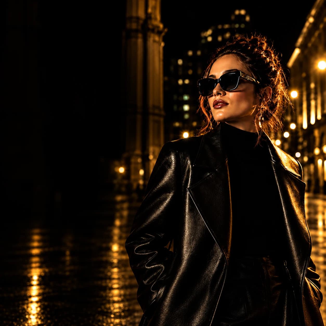 Fashion editorial of a model wearing sunglasses in the city at night